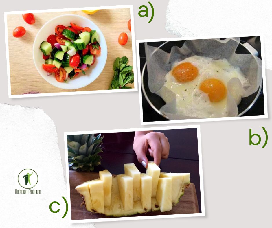 Ensalada Mediterránea con Huevos sobre papel de horno y piña natural.